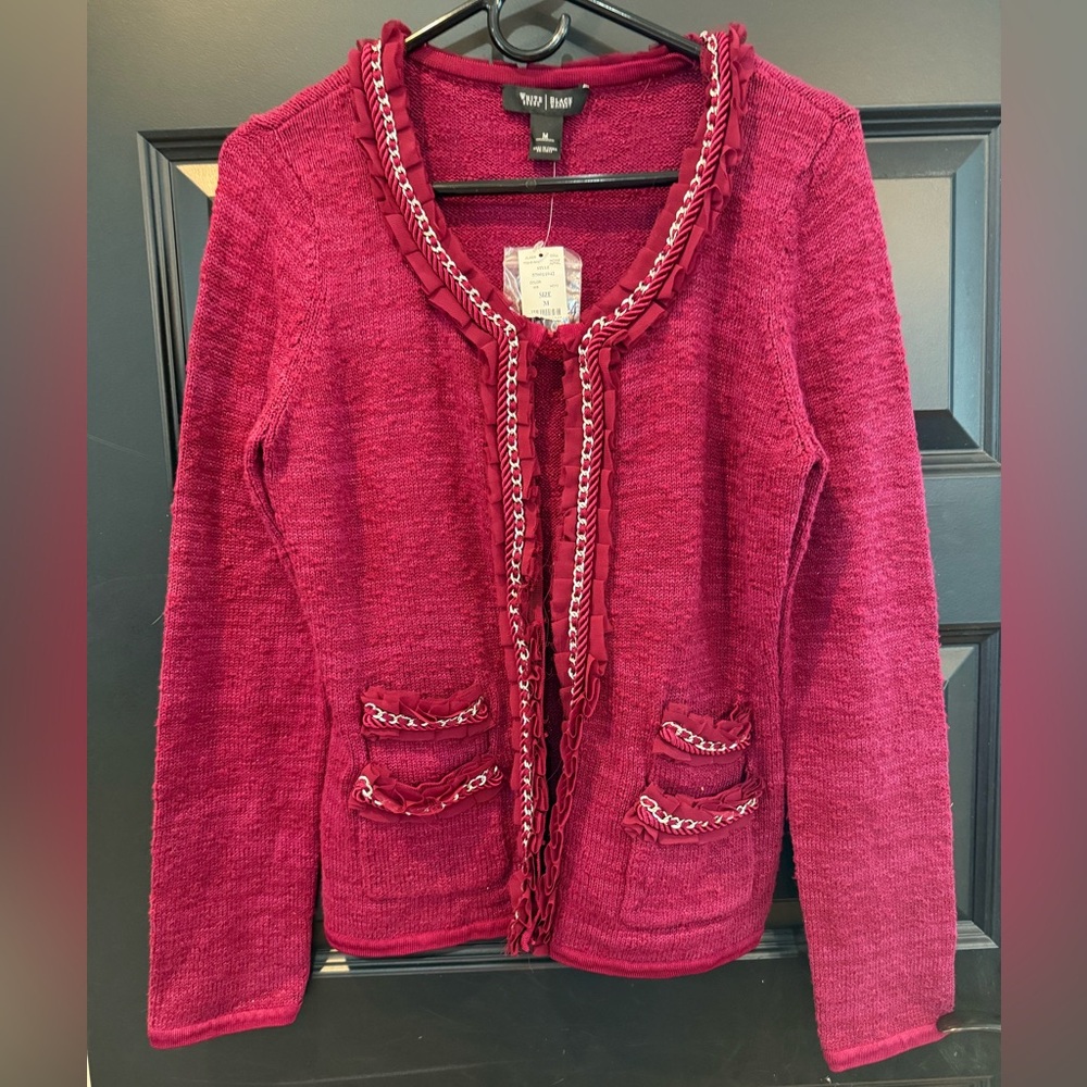 NWT White House Black Market Raspberry Nubby Tweed Ruffle Chain Cardigan M